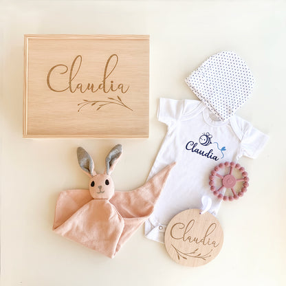 Caja regalos de nacimiento personalizado conejo rosa | CHINPUM